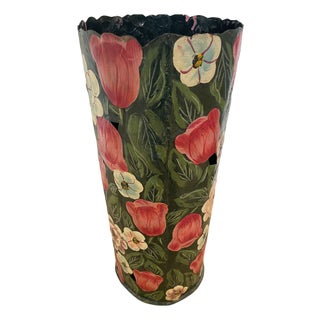 Vintage Black Metal Umbrella Stand Hand Painted Flowers Tulip and Leaves For Sale