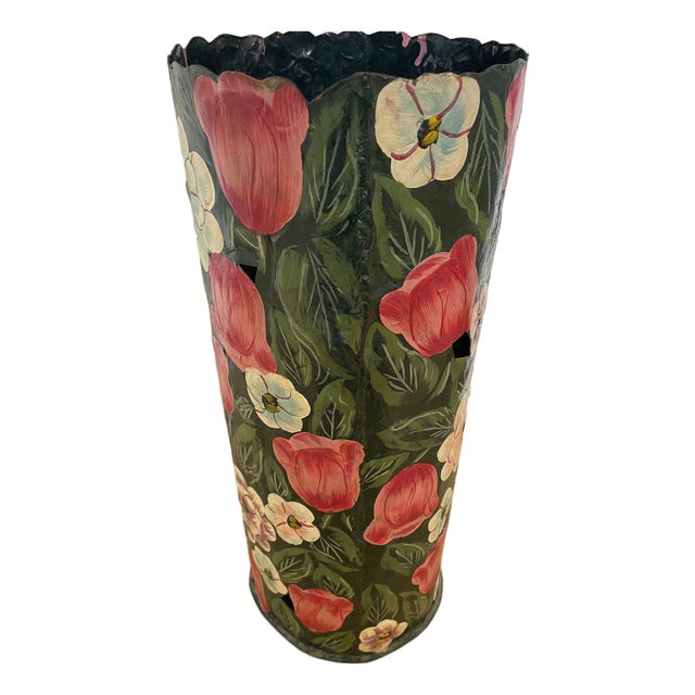 Vintage Black Metal Umbrella Stand Hand Painted Flowers Tulip and Leaves For Sale