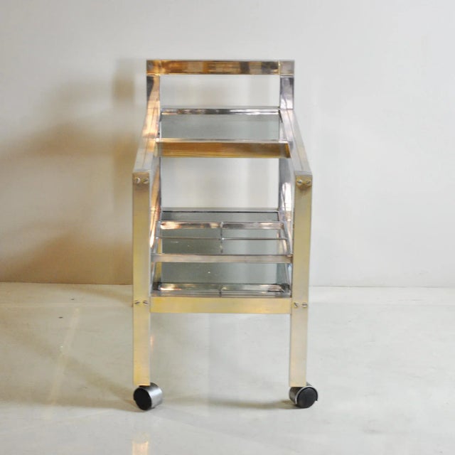 Mid-Century Modern Brass and Steel, Smoked Glass Shelves Liqueurs Bottle Trolley, 1970s For Sale - Image 3 of 9