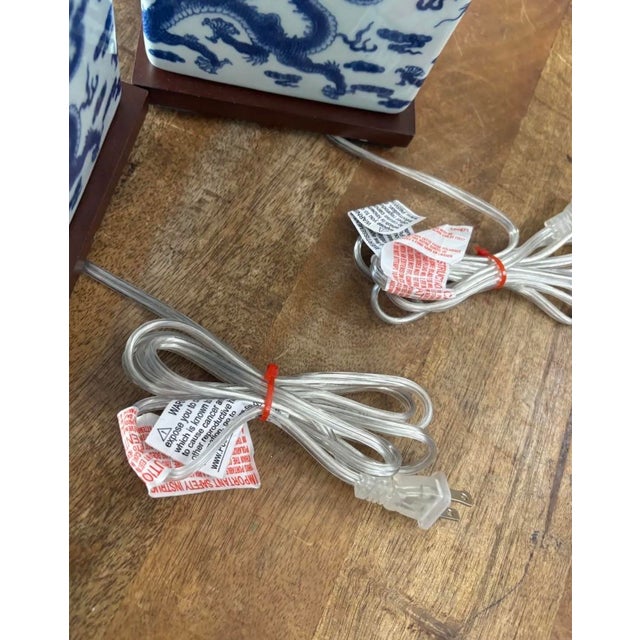 Contemporary Ralph Lauren Blue and White Petite Square Lamps With Dragon Design and Square Fabric Shades - a Pair For Sale - Image 6 of 8