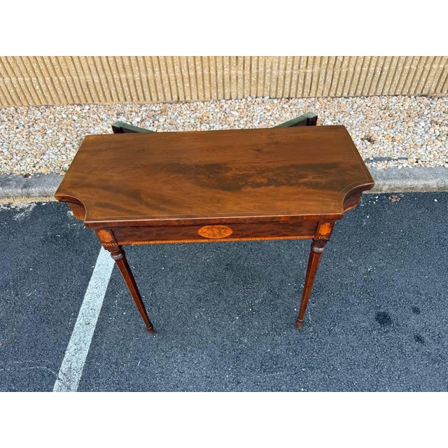 Antique Federal Sheraton Style Inlaid Flame Mahogany Folding Top Card or Gaming Table For Sale - Image 10 of 18