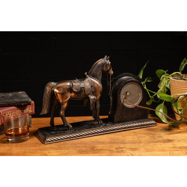 American Vintage Electric Equestrian Copper Clock by Lanshire For Sale - Image 3 of 6