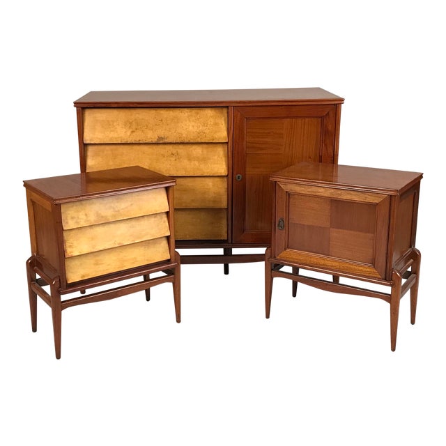 Circa 1940s Italian Mid Century Modern Maple And Parchment Bedroom Set