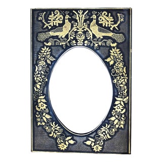 Vintage 20th Century Chinoiserie Peacock Table Mirror in Black and Gold Engraved Metal For Sale