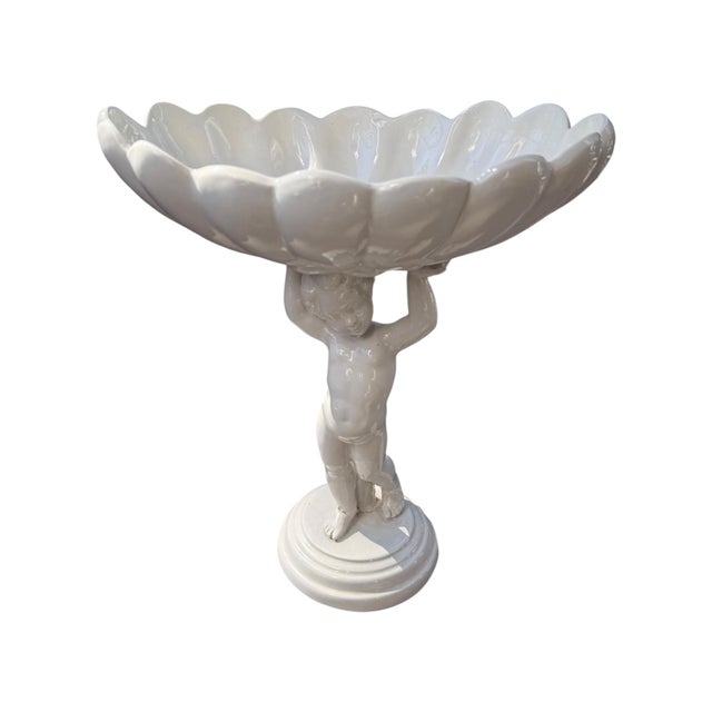 Italian Vintage Italian White Ceramic Putto Shell Compote Bowl / Figural Centerpiece, 14" For Sale - Image 3 of 8