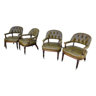 Set of Four Vintage Lewittes Tufted Sage Vinyl Club/Conference Chairs With Brass Casters For Sale
