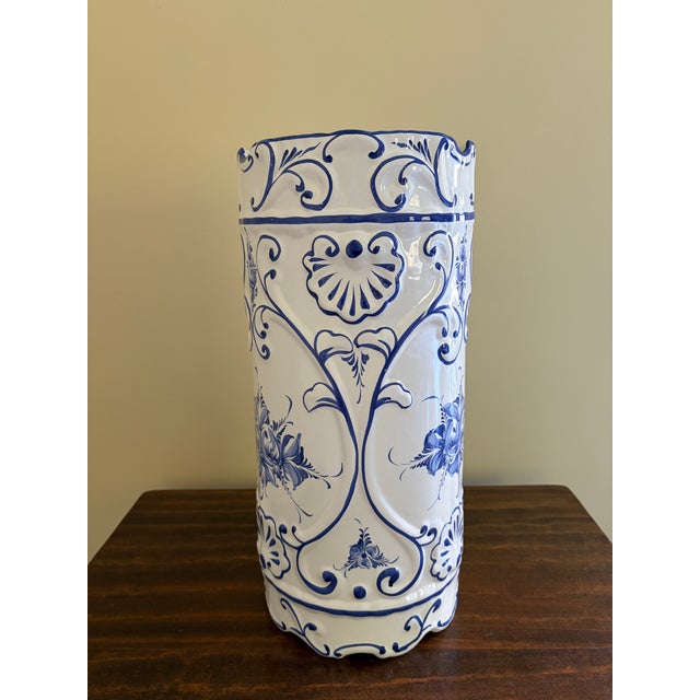 Ceramic 1980s Portuguese Blue & White Delft-Style Porcelain Umbrella Stand For Sale - Image 7 of 10