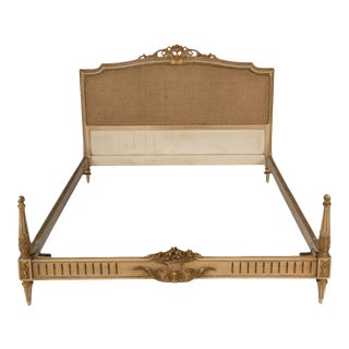 1940 French Painted and Gilt Carved Queen Size Bedframe For Sale