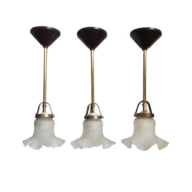 Small Vintage French Frosted Glass Pendant Lamps, Set of 3 For Sale - Image 5 of 5