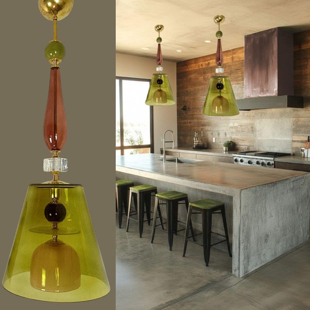 Pair of Murano glass Mid-Century Modern pendant lights, Italy circa 2000s. The Italian chandeliers are made of olive...