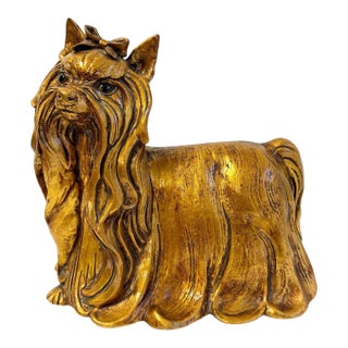 Pair of Kay Finch Yorkshire Terrier Gold Leaf Glaze Silky Yorkie Seated Dog Statue California Usa For Sale