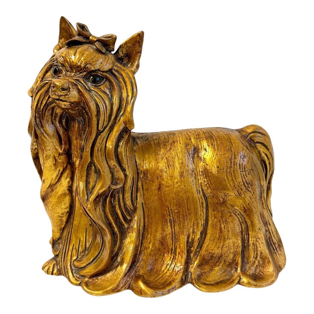 Pair of Kay Finch Yorkshire Terrier Gold Leaf Glaze Silky Yorkie Seated Dog Statue California Usa For Sale