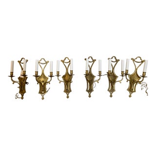 Set of Six Early 20th Century Bronze Aesthetic Movement Style Two Arm Sconces For Sale