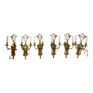 Set of Six Early 20th Century Bronze Aesthetic Movement Style Two Arm Sconces