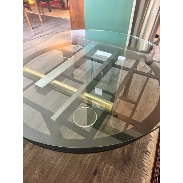 Kaizo Oto for Design Institute of America Postmodern Mixed-Metal Round Glass Coffee Table, c. 1991 Short Description...
