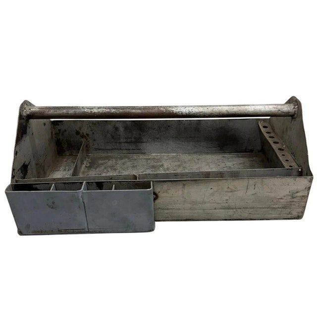 Mid-Century Modern Vintage Metal Toolbox Forged Steel Industrial Patina Tool Carrier For Sale - Image 3 of 11