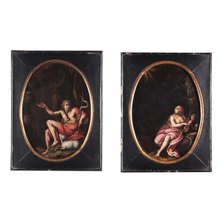 Figurative Scenes, Oil Paintings on Slate, Framed, Set of 2 For Sale
