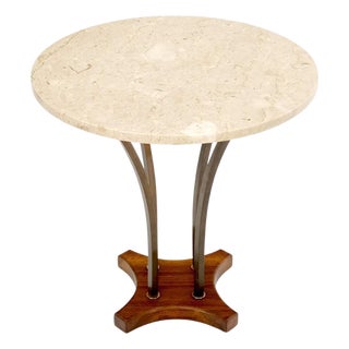 Mid 20th Century Round Marble Top Brass & Walnut Occasional End Side Table Lamp Stand For Sale