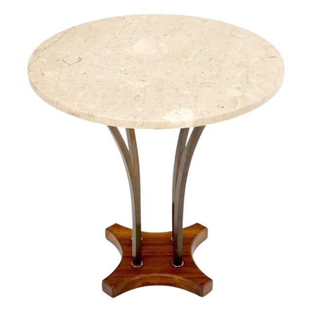 Mid 20th Century Round Marble Top Brass & Walnut Occasional End Side Table Lamp Stand For Sale