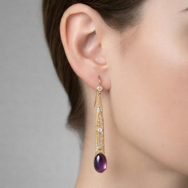 Not Yet Made - Made To Order Art Nouveau Amethyst Drop Earrings Silver, Gold, A Pair For Sale - Image 5 of 5