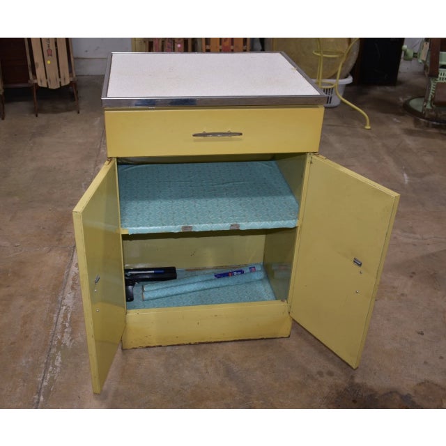 Vintage 1950s Yellow Metal Kitchen Cabinet W/ Formica Top Mid-Century For Sale - Image 13 of 14