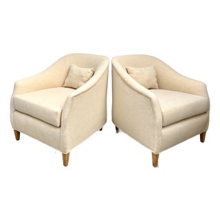 Pair of Vintage Curved Barrel Chairs in Pale Apricot Linen Blend For Sale