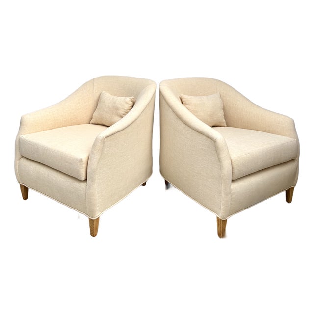 Pair of Vintage Curved Barrel Chairs in Pale Apricot Linen Blend For Sale