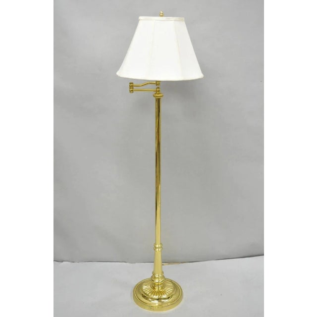 Traditional Vintage Traditional Polished Brass Swing Arm Reading Pole Floor Lamp W/ Shade For Sale - Image 3 of 12