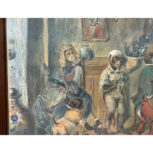 Antique 1800's August L Anthropomorphic Monkeys in a Kitchen Watercolor Painting For Sale - Image 9 of 14
