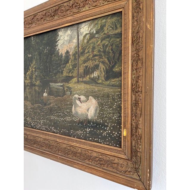 Wood Antique Original Swan Oil Painting, Framed Garden Landscape Art For Sale - Image 7 of 12