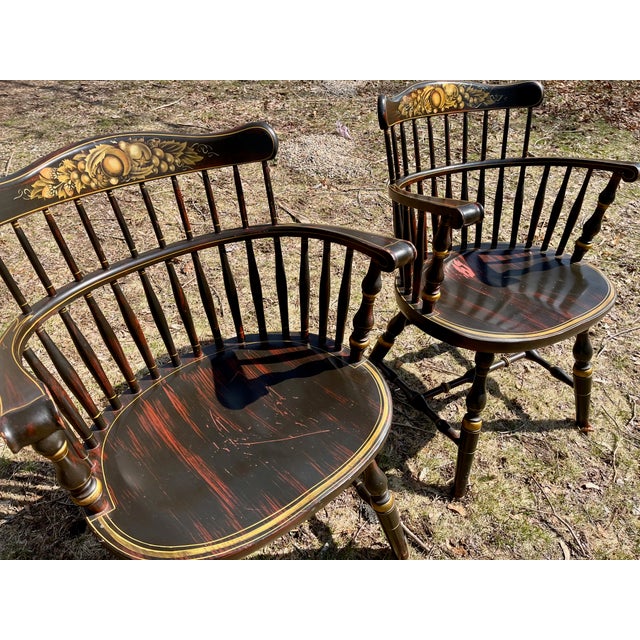 Wood Pair Stenciled Arm Chairs Windsor Comb Backs Attrib.Nichols & Stone Harvest Farmhouse For Sale - Image 7 of 8