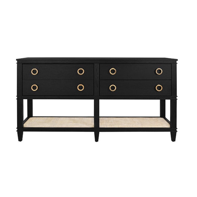 Matthew Izzo Home Richmond Black Oak Four Drawer Console With Brass Drawer Pulls and Open Caned Shelf For Sale - Image 10 of 10