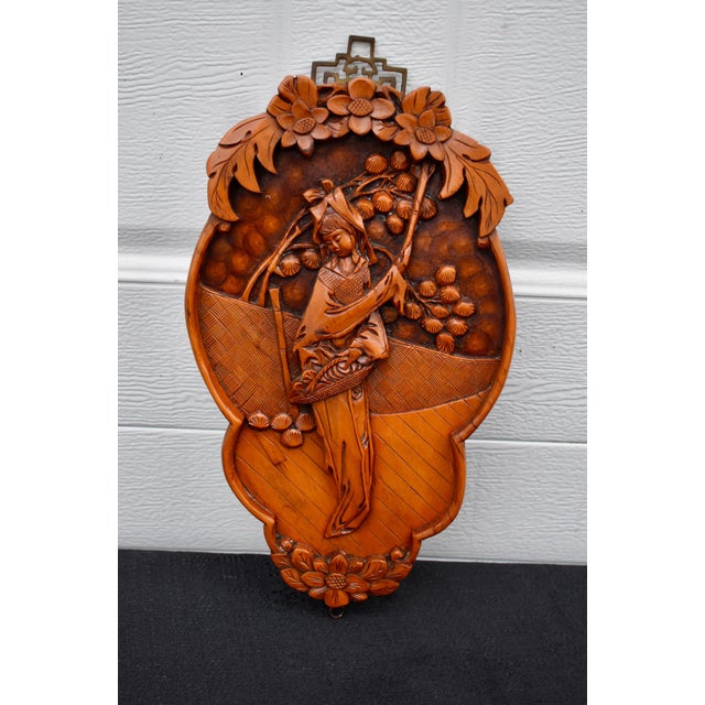 Vintage Chinese Hand Carved Wood Wall Plaque High Relief Asian Woman Flower Art For Sale - Image 4 of 13