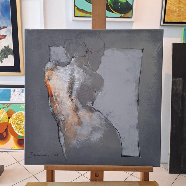 This artwork presents a striking depiction of a female body from behind, rendered with a minimalistic yet evocative style....