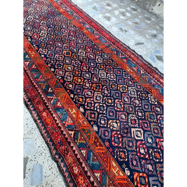 Persian 1970s Indigo Persian Sarab Diamond Lattice Runner Rug - 3'10" X 11'9" For Sale - Image 3 of 10
