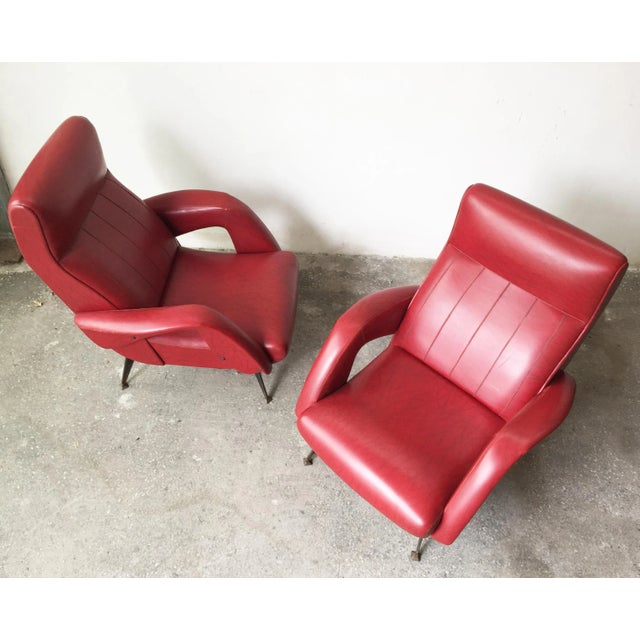 Mid-Century Modern Set of Mid-Century Red Faux Leather and Iron Lounge Chairs Attributed to Carlo de Carli For Sale - Image 3 of 11