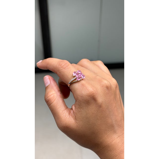 Art Nouveau 14k Yellow Gold 1.66ct Pink Sapphire & Diamond Cluster Bypass Ring Size 6 For Sale In New York - Image 6 of 16