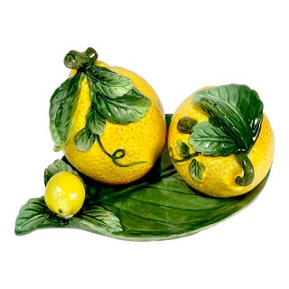 1980s Vintage Hollywood Regency Majolica Lemon Salt & Pepper Shaker - Set of 3 For Sale