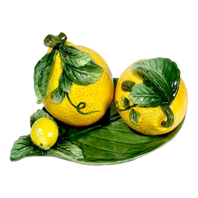 1980s Vintage Hollywood Regency Majolica Lemon Salt & Pepper Shaker - Set of 3 For Sale