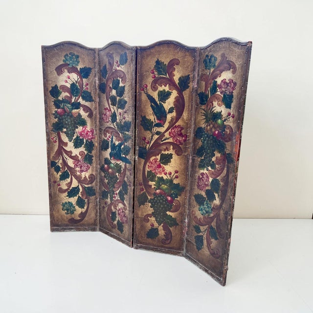 Antique French Hand-Painted Leather 4-Fold Room Divider Screen, 1890s For Sale - Image 3 of 10