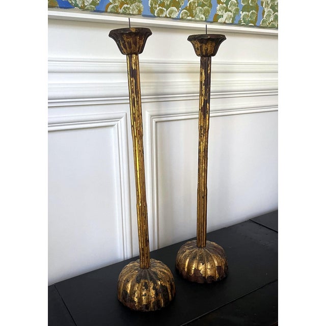 Pair of Large Japanese Carved Wood Temple Candleholders Edo Period For Sale - Image 12 of 18