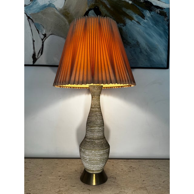 Mid-Century Modern Mid 20th Century Large Handmade Bitossi-Style Green Ceramic Lamp With Etching & Brass Base For Sale - Image 3 of 12