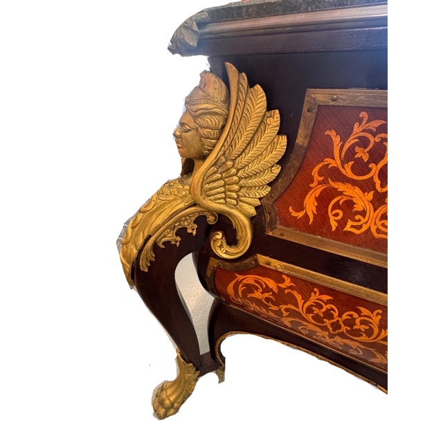 Vintage French Louis XIV Style Walnut Bombe Commode, Mid-20th Century – Marble Top & Ormolu For Sale - Image 14 of 18
