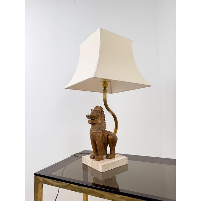 Thai Singha Lion Foo Dog Table Lamp in Gilt Bronze, Brass and Travertine, 1970s For Sale - Image 16 of 18