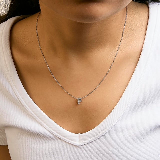 10K White Gold Diamond Accent "F" Initial Bubble Pendant Necklace For Sale - Image 4 of 5