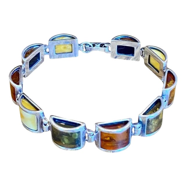 Multiple Hues of Amber + Sterling Silver Link Bracelet For Sale
