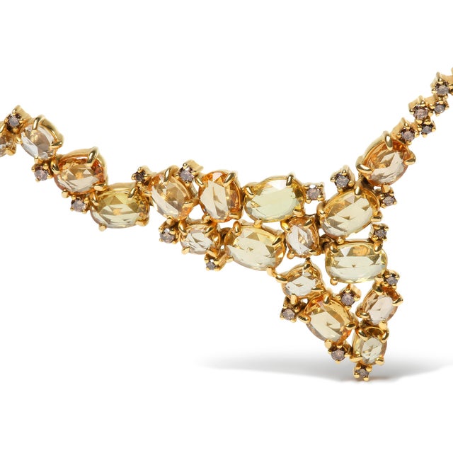 Contemporary 18K Yellow Gold 1/2 Cttw Brown Diamond and Multi-Size Oval Yellow Sapphire Cluster Cascade Station Necklace-Adjustable up to 14" to 16" For Sale - Image 3 of 4