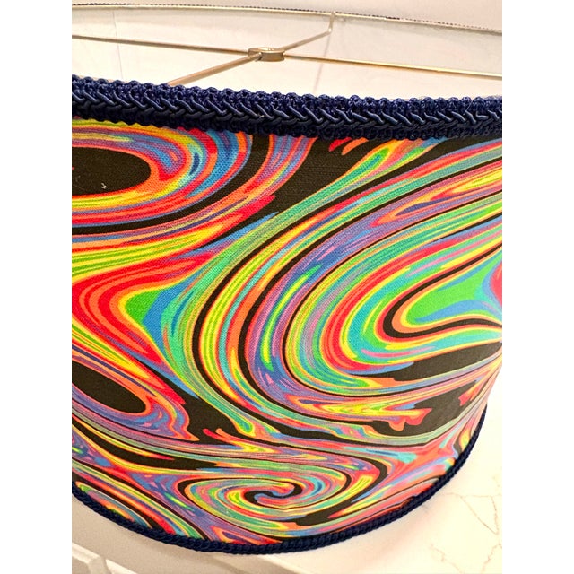 Red Retro Psychadelic Style Drum Lamp Shade With Navy Trim For Sale - Image 8 of 10