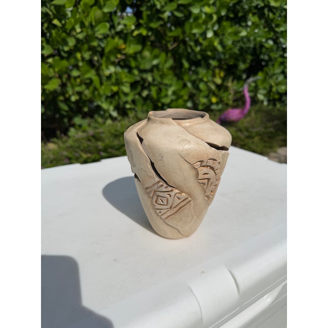 Eggshell Vintage Signed Sculptural Studio Pottery Vase With Kokopelli Motif, 6” For Sale - Image 8 of 10