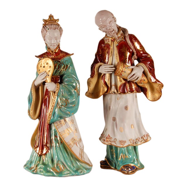 Vintage Italian Ceramic Sculptures Chinoiserie Glazed Terracotta Figures - A Pair For Sale